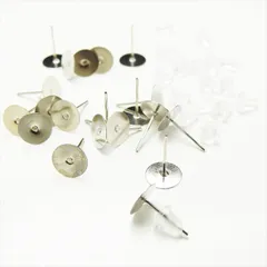 V-031 平皿ピアスピン 8mm & 樹脂ピアスキャッチ 6mmセット【シルバー】各20個 10組 貼り付け ポストピアス ピアスピン シリコンキャッチ バックキャッチ メタル 金属 ハンドメイド アクセサリーパーツ