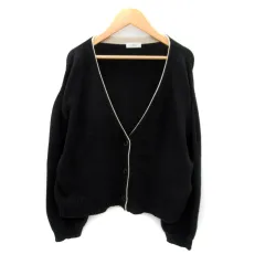 ローリーズファーム LOWRYS FARM ニットカーディガン ミドル丈 Vネック 無地 オーバーサイズ F 黒 ブラック /SY43