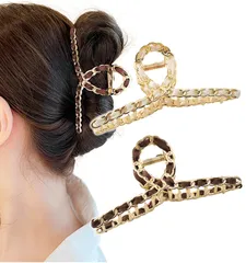 [Herbeluemily] ヘアクリップ ヘアクロー ダッカール バンスクリップ 髪留め ゴールド リボン 2個セット オフホワイト+ブラウン [オフホワイト+ブラウン]