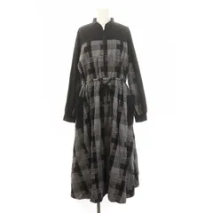 カロリナ グレイサー CAROLINA GLASER BEAMS取扱い 配色チェックワンピース ロング 長袖 切替 ドロスト 黒 ブラック グレー /ES ■OS