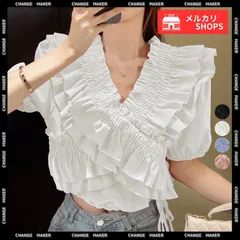 フリルブラウス シャーリングブラウス 半袖 大人可愛い マルチウェイ 2WAY オフショル トップス フェミニン ショート丈 ブラウス 韓国風 Vネック 無地 ガーリー フリルトップス 春夏 裾リボン 着やせ 夏 CH86SIYOULI-001