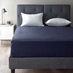 新品 ボックスシーツ セミダブル 日本製 綿100% サテンストライプ 高密度生地315本 防ダニ ベッドシーツ ベッドカバー 高級ホテル おしゃれ 北欧 エトワール (セミダブル ネイビーブルー)