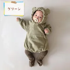 【グリーン】ベビー くまみみ ロンパース パーカー スウェット カバーオール 子供服 ベビー服 くま耳 くまみみ おくるみ 羽織 ベビー防寒 赤ちゃんはおり ベビーパーカー キッズパーカー