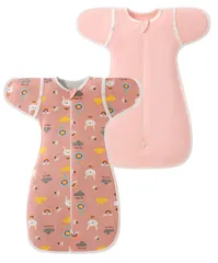 [ミャオッティ] スワドル おくるみ スリーパー 2枚セット 通年 手が出せる 新生児 ベビー 赤ちゃん コットン (ピンク) [ピンク]