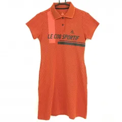 【超美品】ルコックゴルフ 半袖ポロワンピース レッドオレンジ×黒 総柄織生地 胸元ビッグロゴ レディース L ゴルフウェア le coq sportif