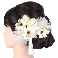 髪飾り 成人式 つまみ細工 カスミソウ シフォン レース サテン パールビーズ 房 ゴールド 振袖 前撮り 袴 花 白 ベージュ 生成 No.9-5534