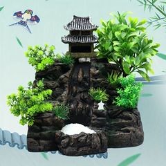 1個 アクアスケープ 樹脂 流砂 滝 魚の水槽の装飾 塔と緑の人工庭園の風景 水生環境用の水槽アクセサリー