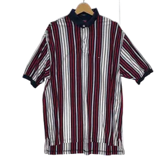 90's vintageTOMMY HILFIGER トミーヒルフィガー ストライプ柄 フラッグタグ 半袖シャツ ワンポイント刺繡 オーバーサイズ ビッグシルエットチェック インド製 Mサイズ ネイビー レッド ホワイト