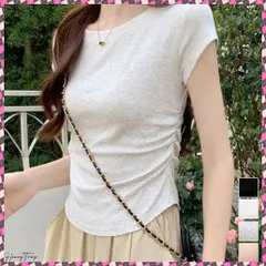 送料無料 サイドギャザーtシャツ 半袖トップス夏服 ラウンドネックちびTシャツ レディース 無地タイトtシャツ 韓国風シンプル 着やせ細見えTシャツ サイドタックカットソー おしゃれ夏トップス スリム ショートT カジュアル 丸首t