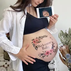 tuzuru マタニティフォト ベリーペイントシール ボディペイントシール タトゥーシール かわいい 花 プレゼント マタニティシール 妊婦 セルフ フォト belly painting maternity photo 練習用シール付き 貼り方説明書付き (Z