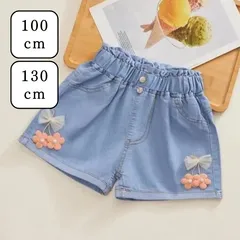 新品　ファッション　ショートパンツ　半ズボン　短パン　ボトムス　キュロット　デニム　青　女の子　キッズ　子供　花　リボン　さくらんぼ　100㎝　130㎝　春　夏
