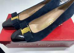 サルヴァトーレフェラガモリボン ブランド シューズ 靴 レディース 6.5サイズ ネイビー Salvatore Ferragamo 【中古】