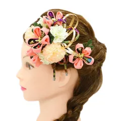 髪飾り 成人式 つまみ細工 振袖 前撮り 袴 花 2点セット サーモンピンク ピンク 白 紫 黒 青 ゴールド ちりめん 下がり 組紐 No.9-4971