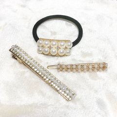【3点】新品パール&ゴールドヘアアクセサリーまとめ売りヘアゴムヘアピンシンプル
