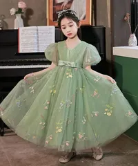 ピアノ発表会 ドレス 中学生 ワンピース パフスリーブ キッズ 女の子 150cm グリーン キッズドレス 袖あり 半袖 子供服 子供ドレス 演奏会 フラワーガール リングガール プリンセスドレス 七五三 可愛い お姫様 リボン 花柄 bi064ze