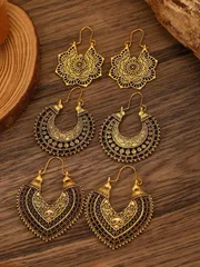 ジュエリー レディース イヤーアクセサリー セット 3ペア ヴィンテージ ボヘミアン風 フローラル&幾何学模様 ピアスセット、女性に適しています