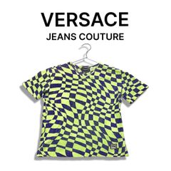 VERSACE JEANS COUTURE ヴェルサーチェ ジーンズ クチュール 変形格子柄 半袖 パイル地 Tシャツ size S グリーン パープル メンズ