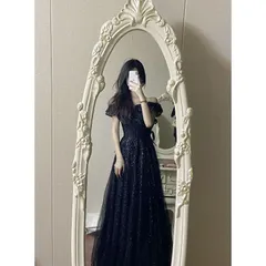 カラードレス ロングドレス 演奏会 Aライン 発表会 パーティドレス チュール 二次会 舞台衣装 ステージドレス 成人式 卒業式 星 ブラック 黒 オフショルダー 1129