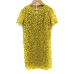 ザラ トラファルック ZARA Trafaluc ワンピース ひざ丈 半袖 ラウンドネック 刺繍 レース 切替 S マスタードイエロー /SM6