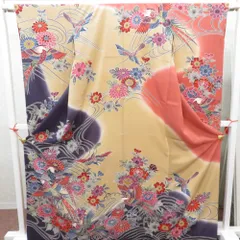 D339 振袖紅型鴛鴦花模様正絹着物袷極美品