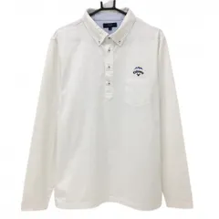 キャロウェイ 長袖ポロシャツ 白 ストライプ地模様 裏微起毛 ボタンダウン ロゴネイビー メンズ 3L ゴルフウェア 大きいサイズ Callaway