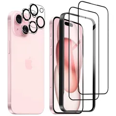 DZHFU iPhone 15 強化ガラスフィルム 6.1インチ 高透過率 全面保護フィルム 硬度9Ｈ 滑らかなタッチ操作 指紋付着防止 気泡防止 ガイド枠付き 貼り付けは簡単 【強化ガラスフィルム(2枚入り)＋レンズ保護フィルム (2枚入り)】