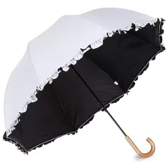 日傘兼用雨傘 レディース 日傘 uvカット 遮光 長傘 遮光率 99.9% 日光を遮断 軽量 Mサイズ 晴雨兼用傘 フリル ドーム型 生地裏コーティング 紫外線遮蔽率99% UPF50+ 60cm 白 0