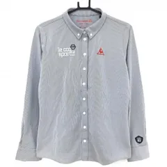 【超美品】ルコック 長袖ポロシャツ 白×黒 細ストライプ ボタンダウン レディース LL ゴルフウェア le coq sportif