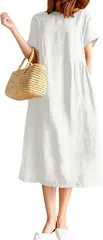 XL_ホワイト [Luxe Relax] ゆったり リネンライク ワンピース 無地 シンプル 体系カバー ミモレ丈 ワンピ かわいい 可愛い レディースルームウェア 薄手 きれいめ 夏服 母 着やすいワンピース ドレス 妊婦 半袖 ルームウェア マタニティ 楽