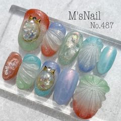 ネイルチップ マーメイド 夏 貝殻 シェル 海 波 韓国 うるうる ちゅるん キラキラ