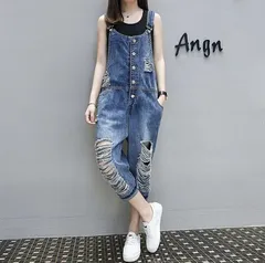 オーバーオール レディース デニム サロペット パンツ ダメージ クラッシュ M250417-333