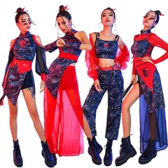 DS演出服 ダンス衣装 大人 セットアップ レディース 赤 黒 チャイナ風 ダンス 衣装 上下セット jazz アイドル ステージ衣装 ヒップホップ
