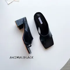 【在庫処分SALE】ミュール ローファーサンダル スクエアカット スタッドヒール ブラック 黒 クロコダイル 24.5 LKS-2007-004