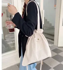 レディース巾着トートバッグ キャンバス　チェック　シンプル可愛い大容量 