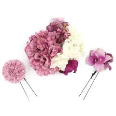髪飾り 成人式 花 振袖 前撮り 袴 花 紫 ピンク オフホワイト 3点セット ピオニー つぼみ ポンポン あじさい 小さい 大きい か No.12-0964