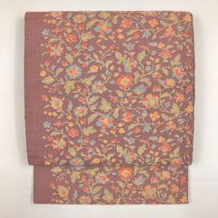 リユース帯 名古屋帯 ピンク 紫 カジュアル 織り 植物 花葉 未洗い MS1459