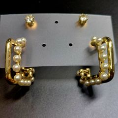 (6)パールひし形ピアス 人工ダイヤ ジルコニアピアス 4点セット 高級感あり 大人綺麗