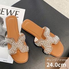 ☆サマーサンダル パールビジュー24.0cm橙オレンジ a140