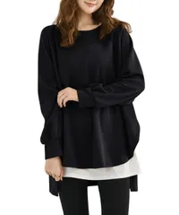 [グリーンパキラ] チュニック レディース 秋冬 着痩せ トップス 長袖 ゆったり お尻が隠れるトップス トレーナー スウェット カットソー 体型カバー 大きめ プルオーバー 重ね着 着回し シンプル 無地 秋服 冬服 ( [ブラック] [Free Size]