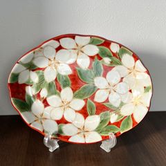 【希少美品】京焼清水焼 陶あん 桜総柄 楕円皿 平皿 プレート 桜 赤色 土渕陶葊 手描き