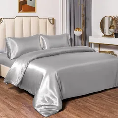ライトグレー_ダブル Forhomelife 布団カバー ダブル 4点セット サテン 布団カバー ベッドカバー 枕カバー ベッドシーツ ボックスシーツ 洋式・和式兼用 滑らかな材質 ライトグレー
