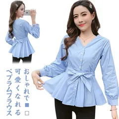 ウエストリボンベルト付きがアクセント！Vネックトップス レディース ブラウス シャツ トップス Vネック フリルブラウス 長袖 リボン Aライン フリル 無地 春 春服 秋 秋服 送料無料#pc386