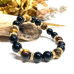 모리온 & 타이거 아이 파워 스톤 팔찌 천연석 브레스 (골드) 10mm 남성 여성 액막이 금운 부적 ☆