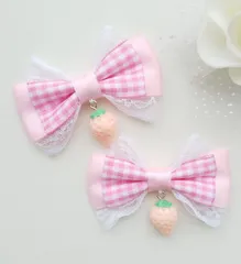 ヘアクリップリボン ピンク ギンガムチェック レース 量産型 いちご 苺 地雷 ロリィタ ロリータ ゴスロリ アイドル サブカル 天使界隈 推し 姫系 イベント ヘアメ