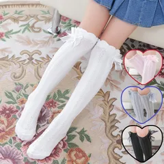 靴下 女の子 ニーハイソックス ハイソックス キッズ 可愛い リボン 白 無地