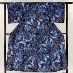 【美品】 浴衣 身丈150cm 裄丈61.5cm S 絞り浴衣 蝶 紺色 綿 名品 【中古】