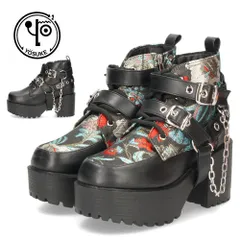 厚底 ショートブーツ レディース ブラック 黒 幅広 3E ヨースケ 靴 YOSUKE 4450017 ベルト チェーン チャンキーヒール