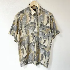 (^w^)b Leoz レオズ 半袖シャツ 総柄 柄シャツ ポリシャツ ポリエステル100% 80's 90's ヴィンテージ ビンテージ レトロ 薄手 羽織り 個性派 ベージュ グレー系 メンズ サイズM