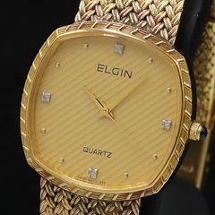 新品電池 稼働 ELGIN クォーツ 腕時計 ヴィンテージ メンズ スクエア 