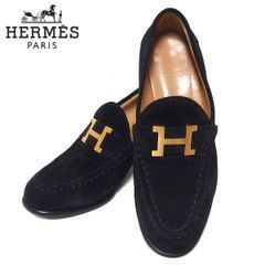 良品★HERMES コンスタンス スエード ヒール ローファー 黒 Hバックル 35 1/2 レディース エルメス★